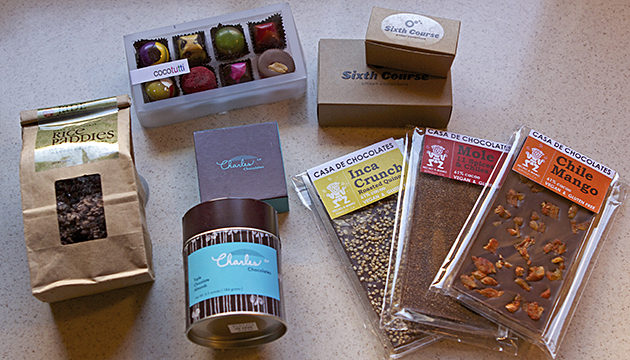 My take-home package from the 2013 Chocolate Salon: Jade’s Rice Paddies, CocoTutti’s tea-strong truffle collection, Sixth Course’s boozy truffles, Casa de Chocolates' Mexican-themed bars, and Charles Chocolates' almonds and pavés.