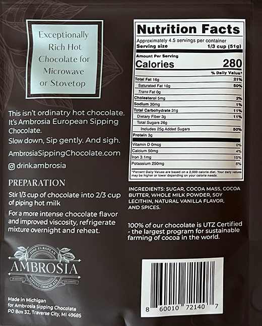 back of Ambrosia package